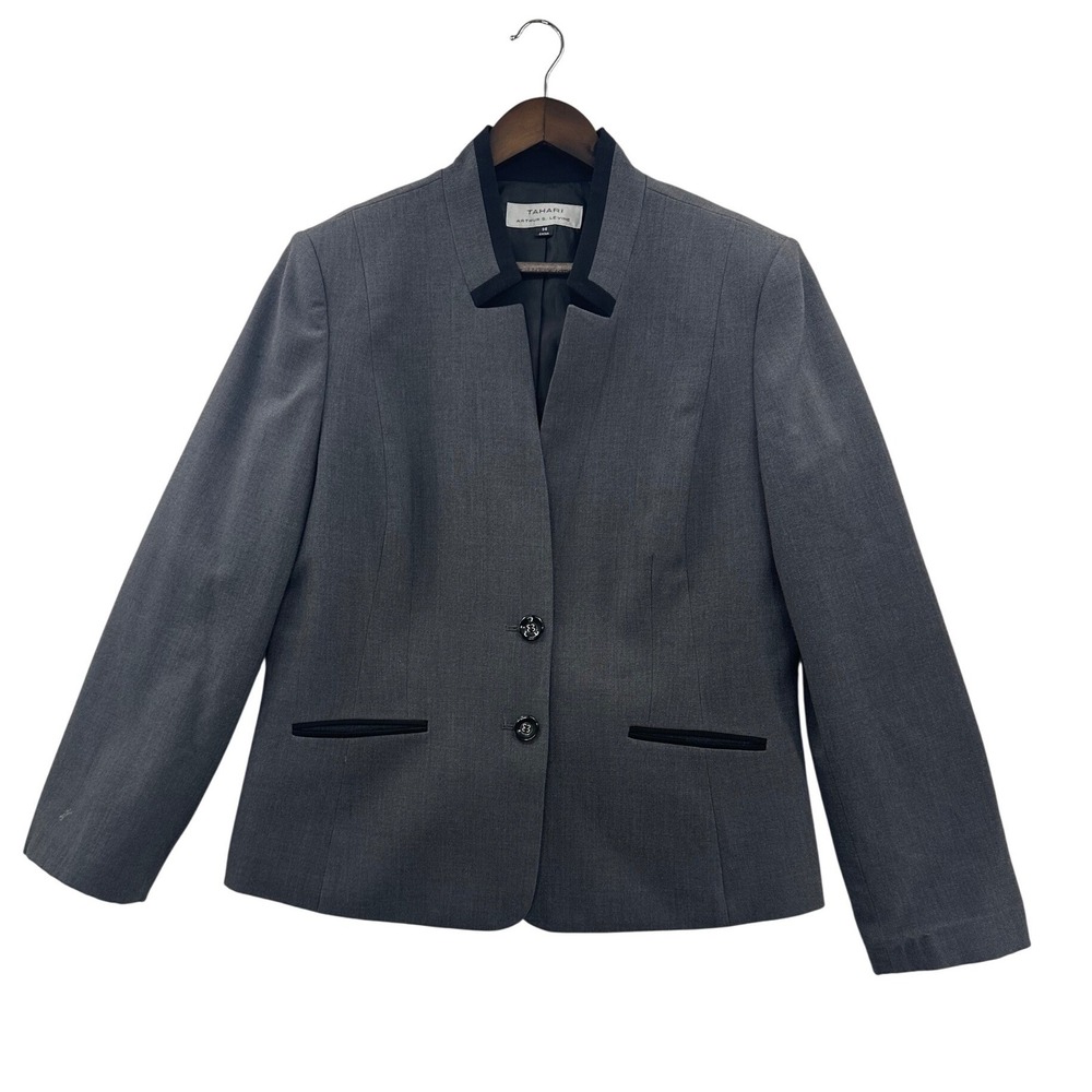 Tahari Arthur S. Levine Blazer Women 14 Gray Contrast Trim Professional